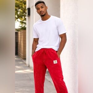 NEW GET MONEY Red Velour Jogger Sweatpants Logo Streetwear Pockets Size